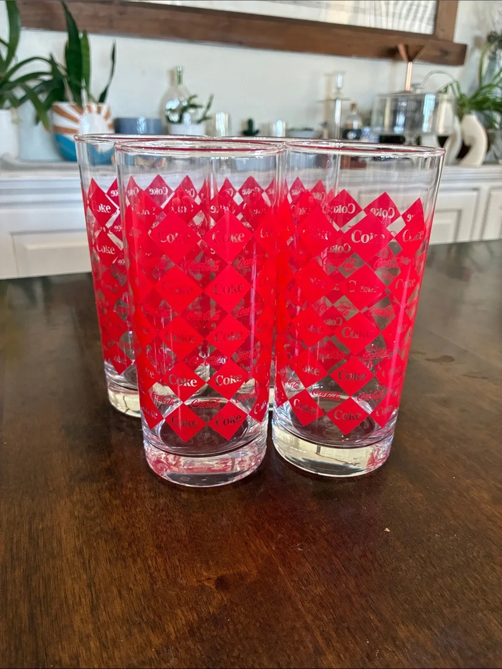 Vintage Coca Cola Clear Glasses with Red Diamond Logo Pattern - Set of 4